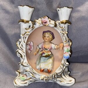 Vintage UCAGCO Ceramic 6" Dual Candle Holder - Girl Picking Spring Flowers